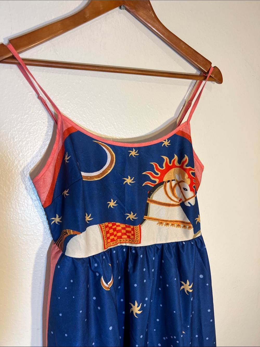 Starry Horse Crlestial Navy Blue Maxi Dress with Pink Trim Scoop Neck Festival M - Picture 2 of 5